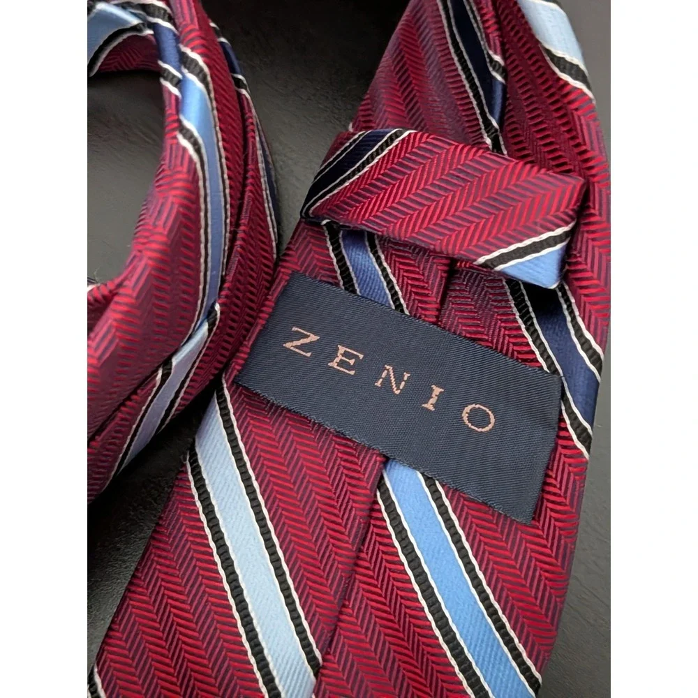 ZENIO‎ Tie Necktie MICROFIBER SLIM NARROW SKINNY MAROON Red Blue Repp Striped